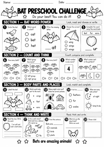 Bat Preschool Challenge Worksheet