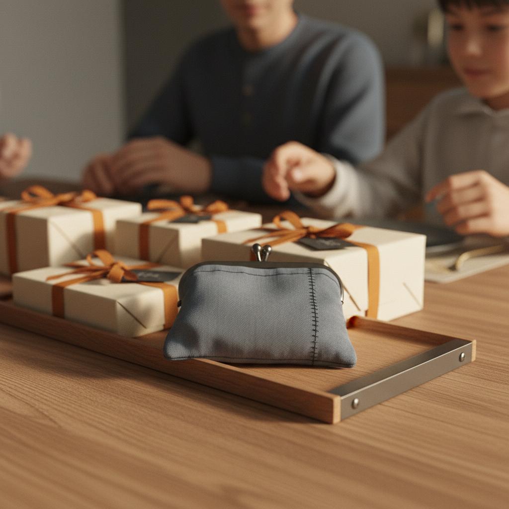 Taufgeschenk übergeben am Esstisch: sorgfältig verpackte Geschenke auf Holztablett und kleines Stoffetui im Vordergrund bei warmem Licht, minimalistisches Steelmonks-Design