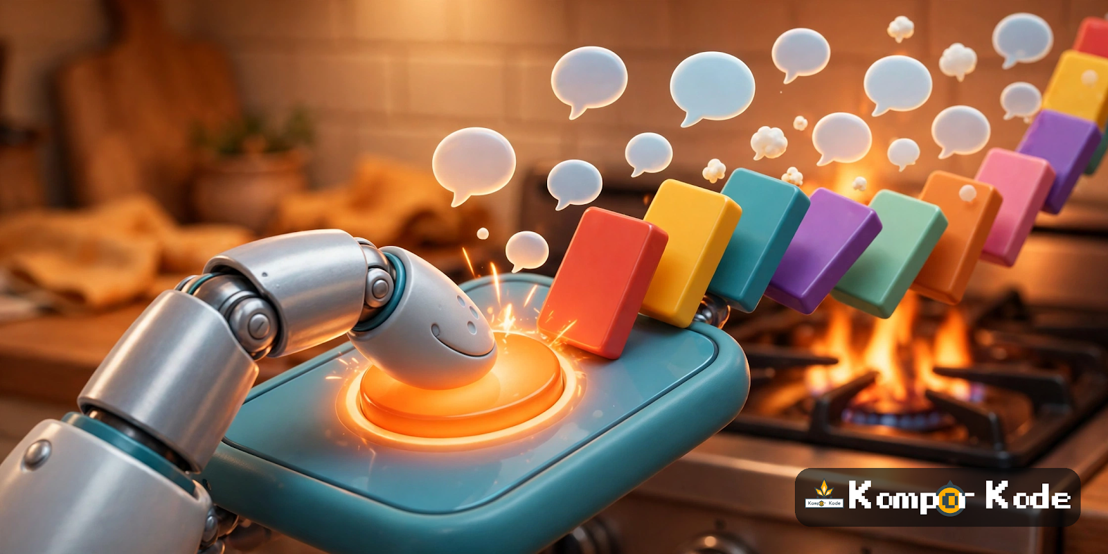Ilustrasi jari robot menekan tombol yang memicu reaksi berantai notifikasi