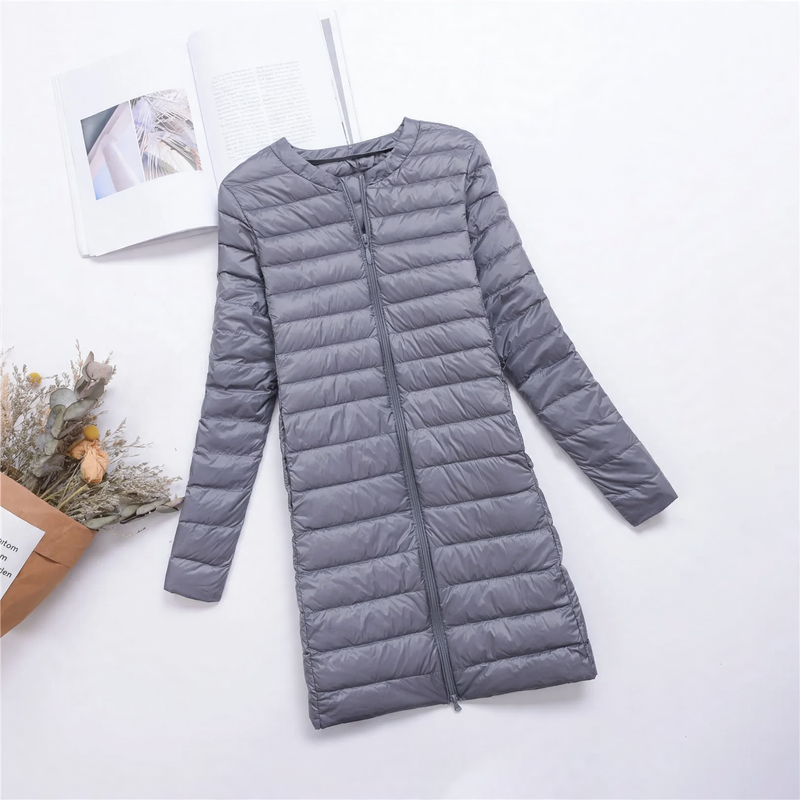 Lightweight women's down jacket, mid-length, with button placket