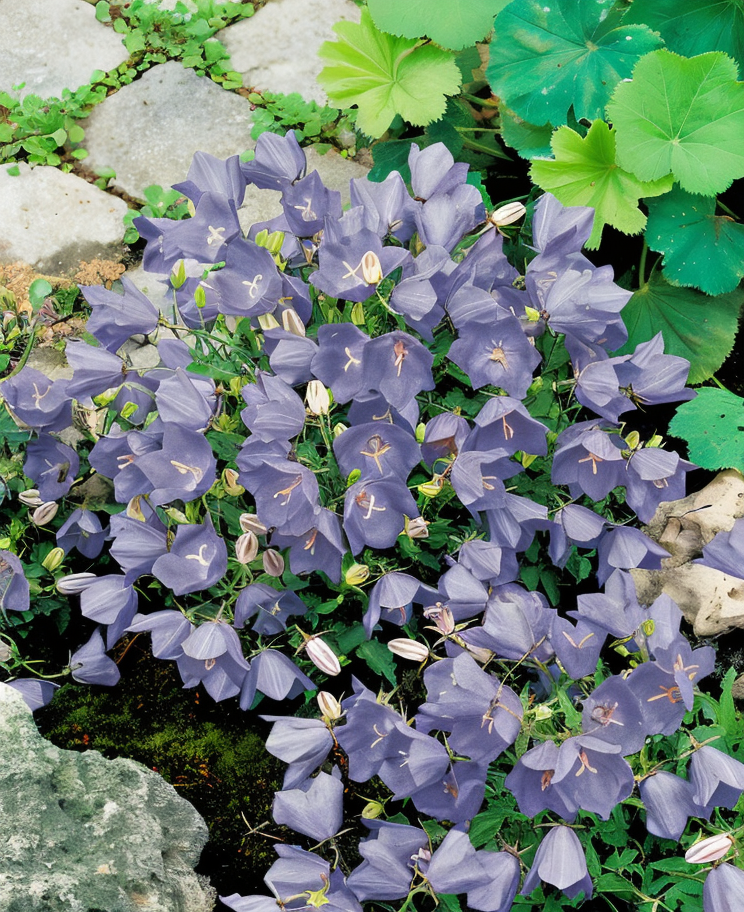 Campanula carpatica 'Deep Blue Clips' fiorita in giardino roccioso