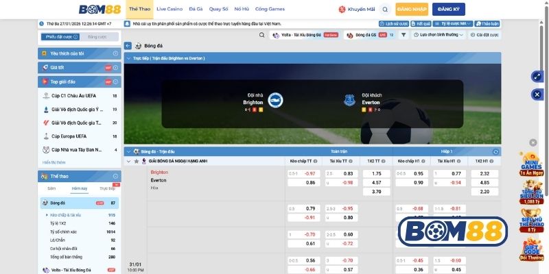 Bảng tỷ lệ kèo trận Brighton vs Everton ngày 31/01/2026