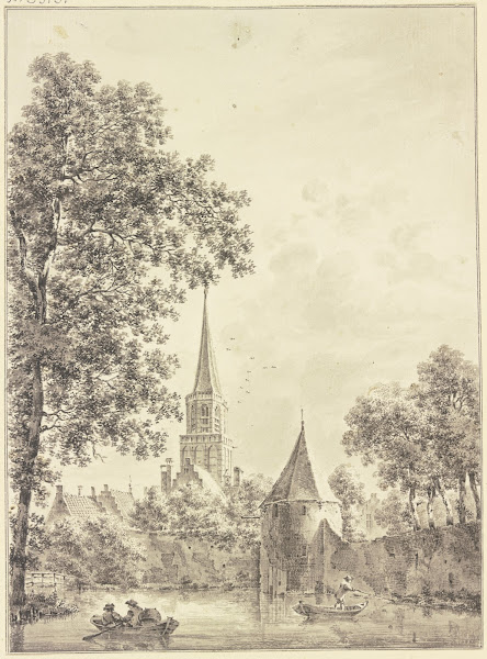 Wassergraben an der Stadtmauer mit einem runden Turm hinten die Kirche auf demse