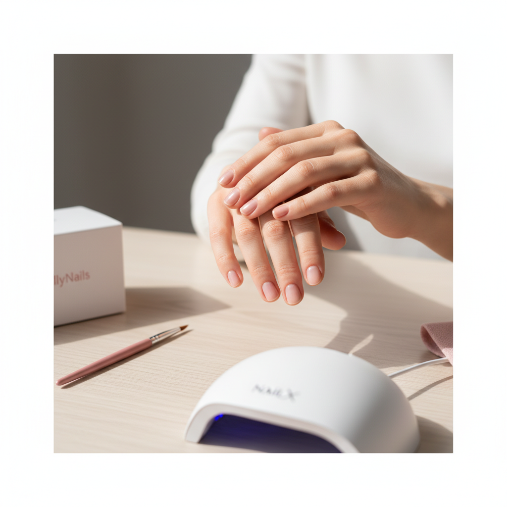 Close-up gepflegte Hände auf hellem Holztisch mit unbranded UV-LED-Lampe und GellyNails-Kit, minimalistisches NailX-Styling zur Illustration von Nagelveränderungen