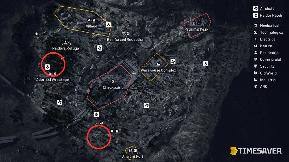 ARC Raiders Blue Gate full map overview with multiple cellar key door locations circled across the map, including near Adorned Wreckage and south of Checkpoint