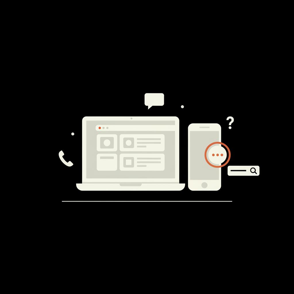 Flat 2D vector of a laptop help center and smartphone ticket badge on black background illustrating how to contact yahoo customer support with minimalist brand icons.