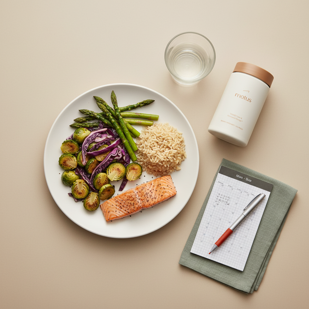 Top-down kitchen counter photo featuring Tonum Motus jar beside a plate showing the 80% plate model and a handwritten weekly discretionary calendar — 80/20 rule for dietitians.