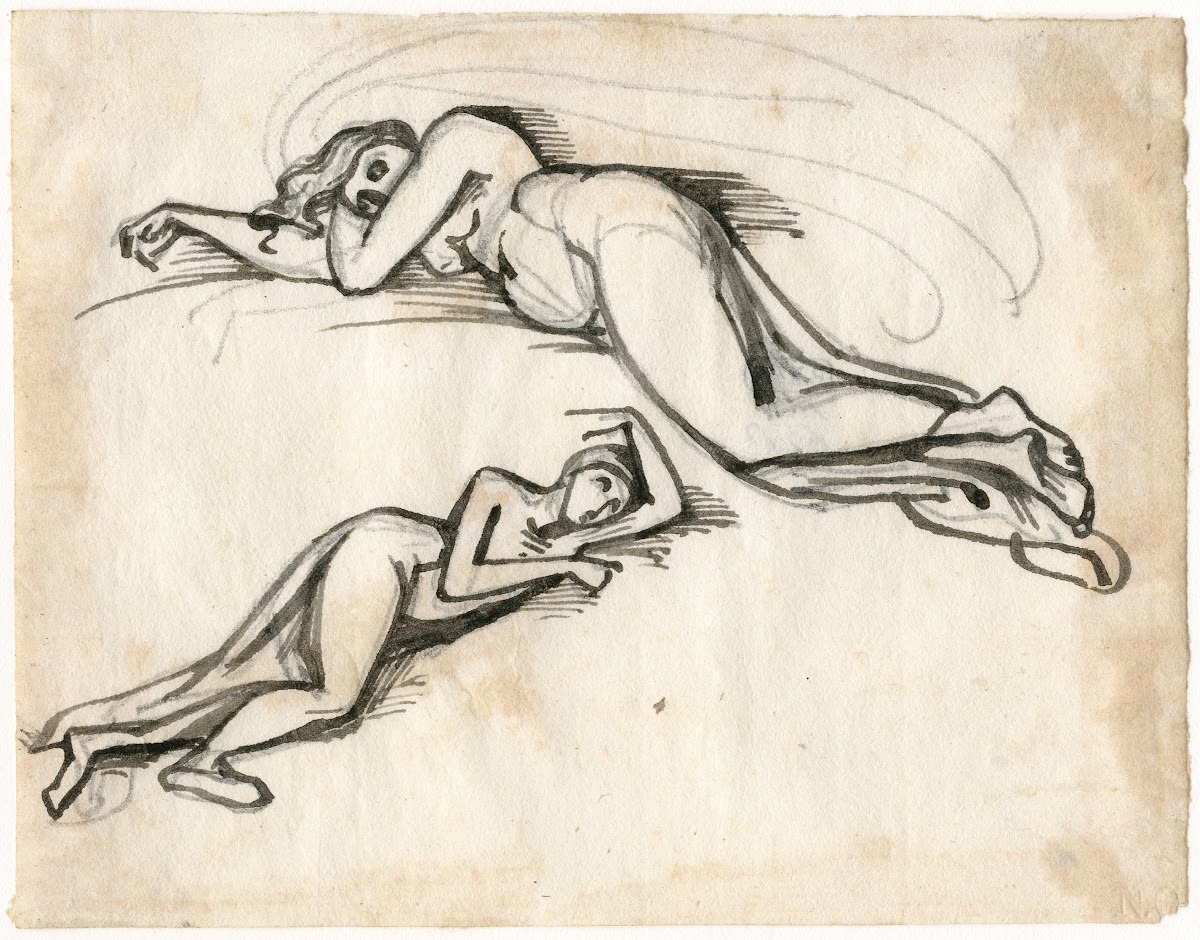 Half op de buik liggende vrouwenfiguur tweemaal