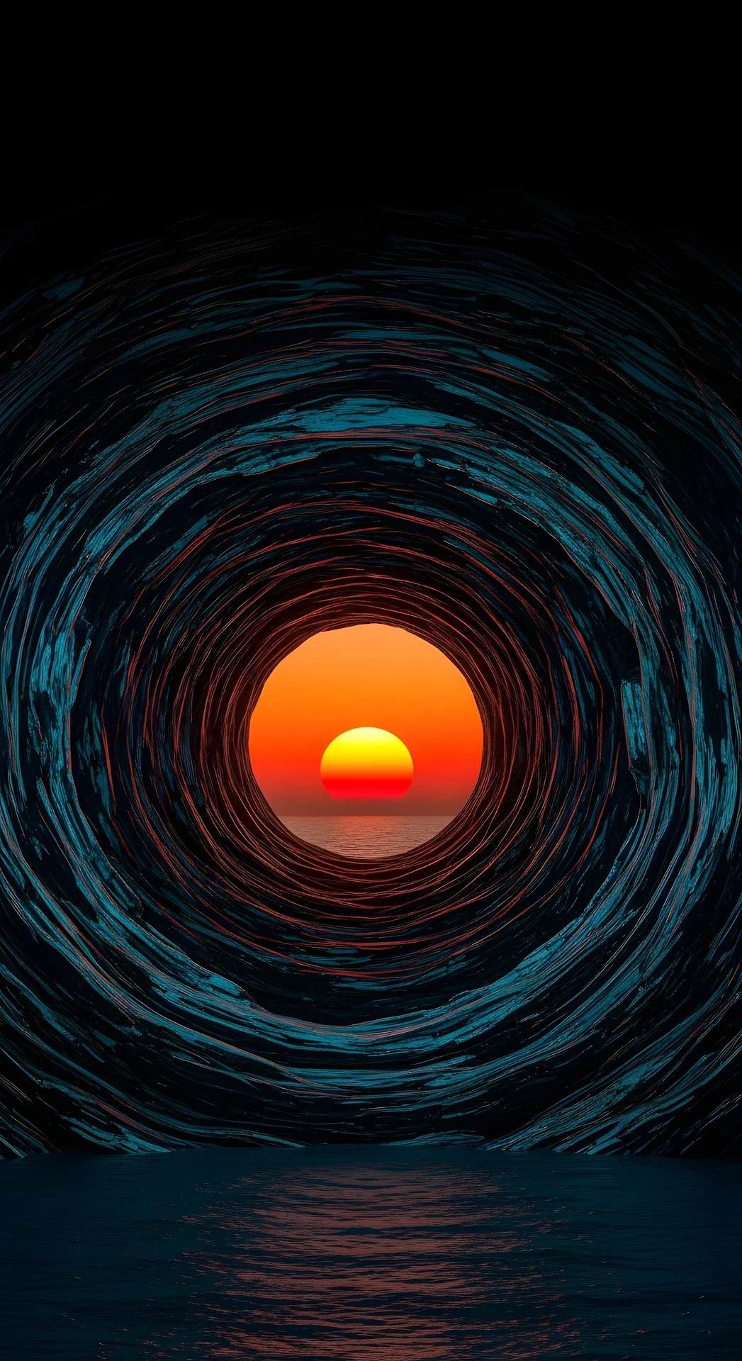 Surreal Abstract Tunnel Framing a Bright Orange Sunset Over the Sea - Free 4K mobile Wallpaper