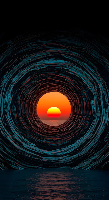 Surreal Abstract Tunnel Framing a Bright Orange Sunset Over the Sea - Free mobile Wallpaper