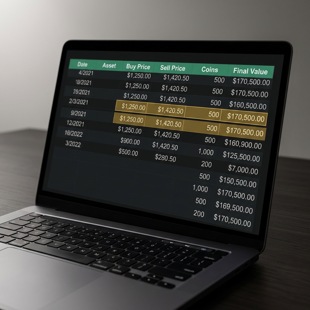 Close up laptop spreadsheet showing buy price sell price coins and final value columns demonstrating a reproducible workflow for most recent cryptocurrency news