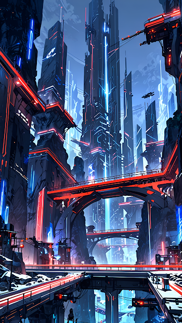 Neon-Lit Cyberpunk City with Floating Bridges - Free mobile Wallpaper