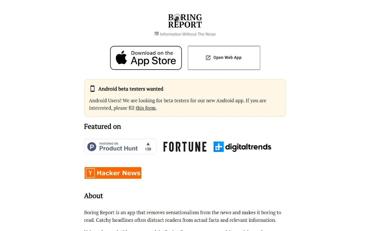 Captura de Boring Report: News by AI