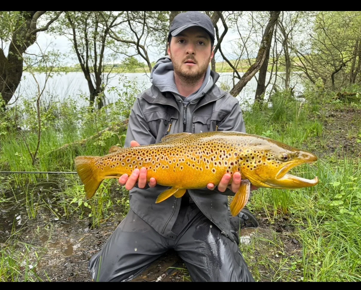 Calum Clive with a Brown Trout caught lure fishing at Roughrigg