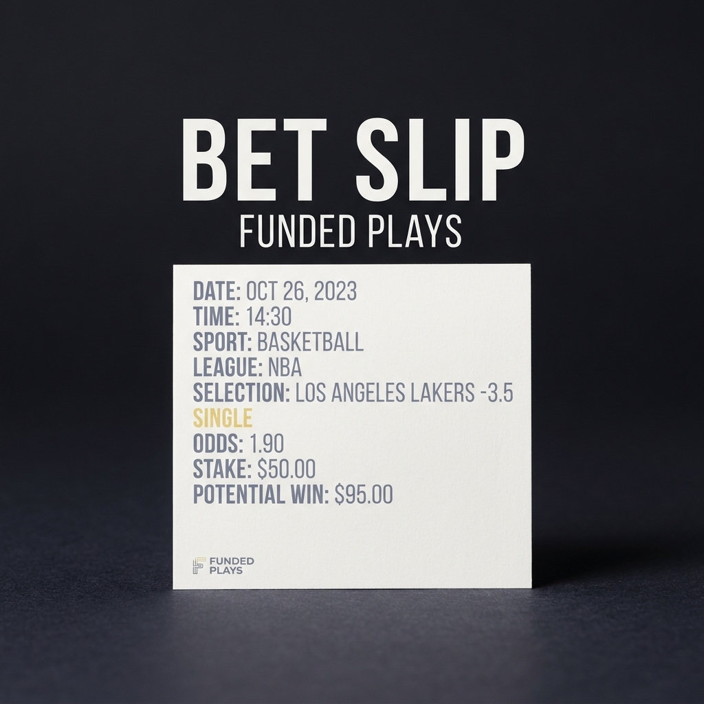 Minimalist close up of a bet slip with the single selection highlighted in pale gold on a dark Funded Plays style background showing clear readable odds and focus on straight bets