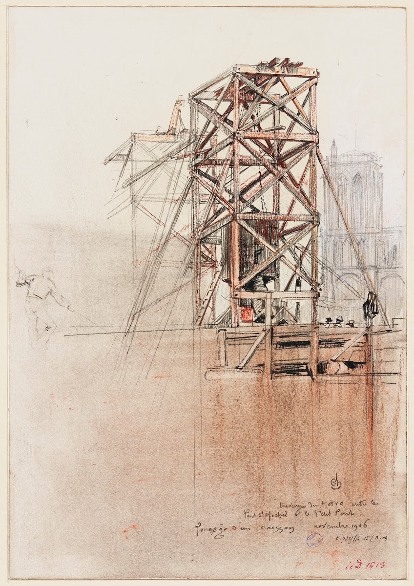 Travaux du métro entre le pont Saint Michel et le Petit Pont 1906 fonçage dun ca