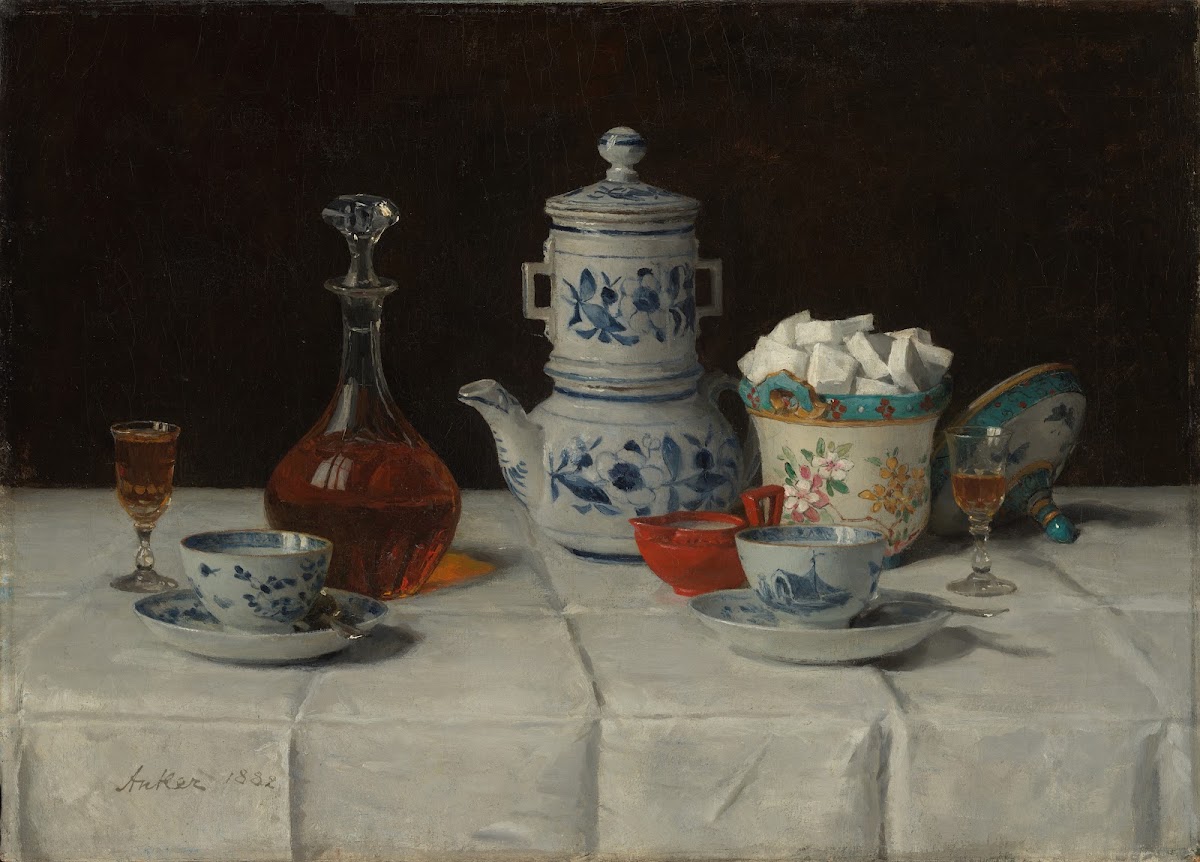 Still life with coffee setting and cognac bottle 1882