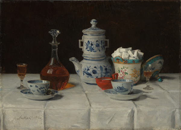 Still life with coffee setting and cognac bottle 1882