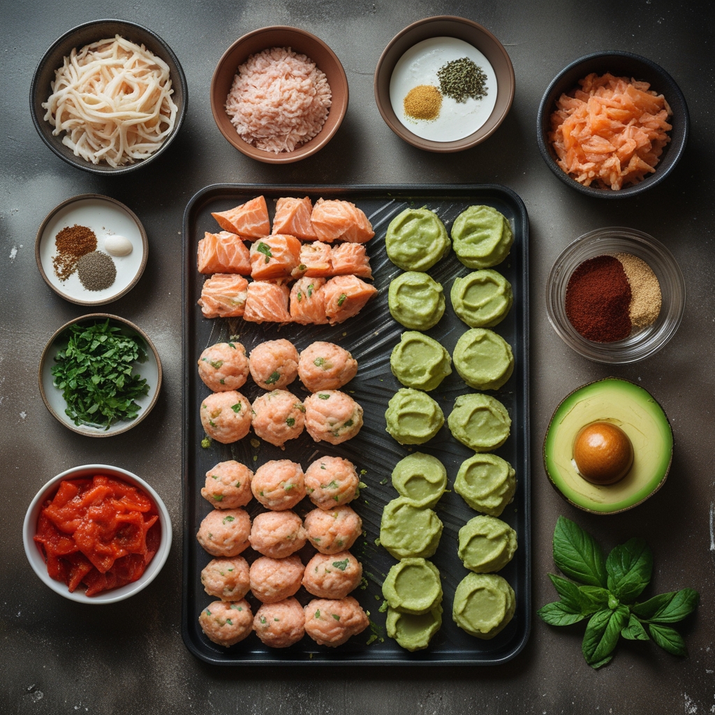 Ingredients for Easy Baked Salmon Meatballs with Creamy Avocado Sauce for Quick Healthy Meals