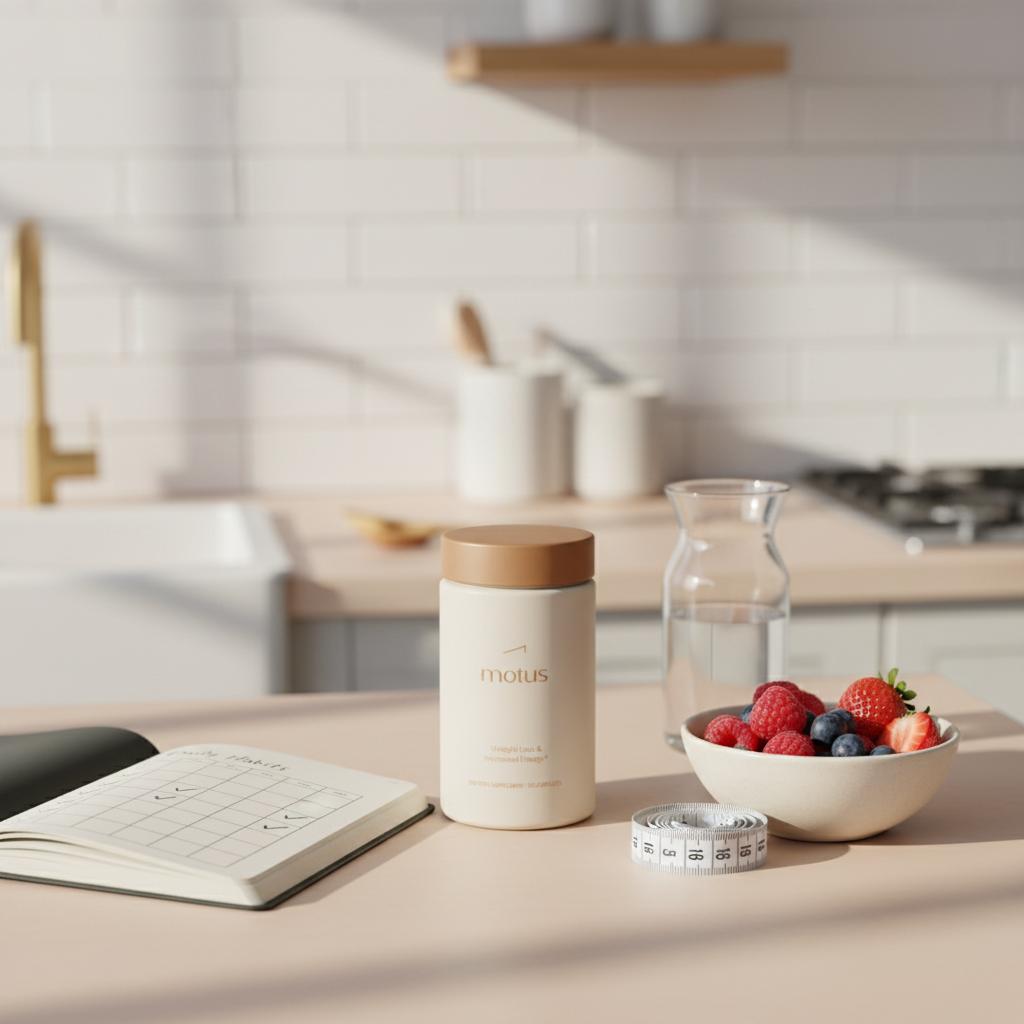 Minimalist kitchen counter with a Motus supplement bottle beside a bowl of berries, coiled measuring tape and open habit-tracker journal in natural light, evoking estrogen and weight loss