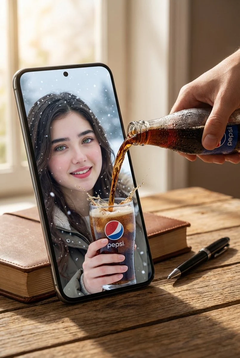 Escena hiperrealista y surrealista de interacción entre un teléfono y una Pepsi.