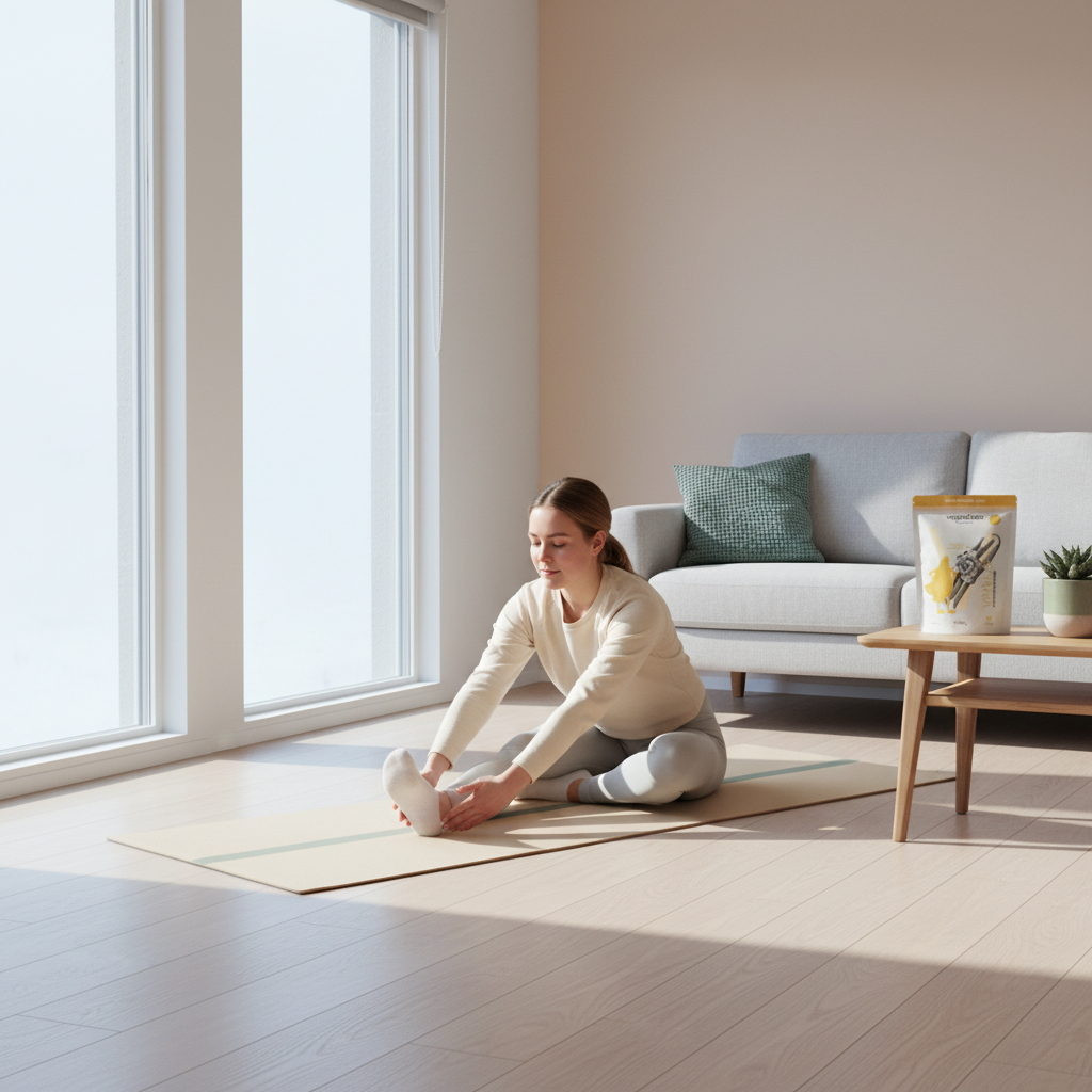 Minimalistisches skandinavisches Home‑Workout mit Yogamatte, Person beim Dehnen und dem Produkt aus den Referenzfotos sichtbar; Haferkekse