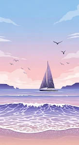 Minimalist Pastel Seascape with Geometric Sailboat
