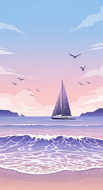 Minimalist Pastel Seascape with Geometric Sailboat - Free mobile Wallpaper