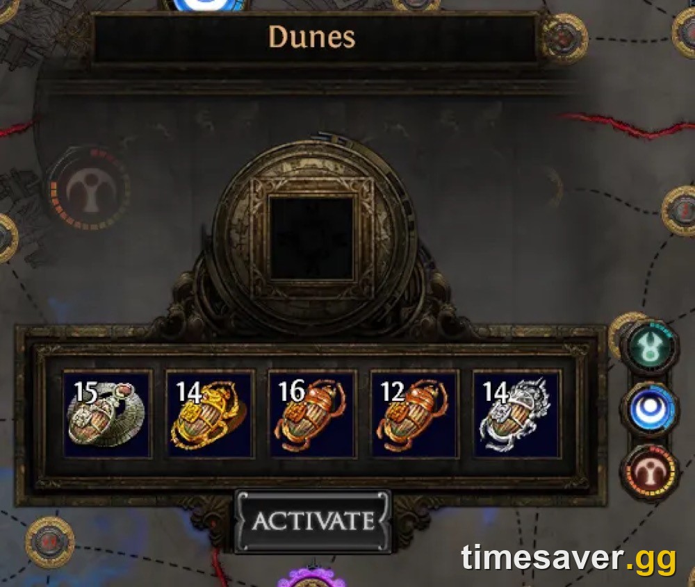 The Path of Exile Map Device with a map slotted, fragment tier slots, and the Activate button