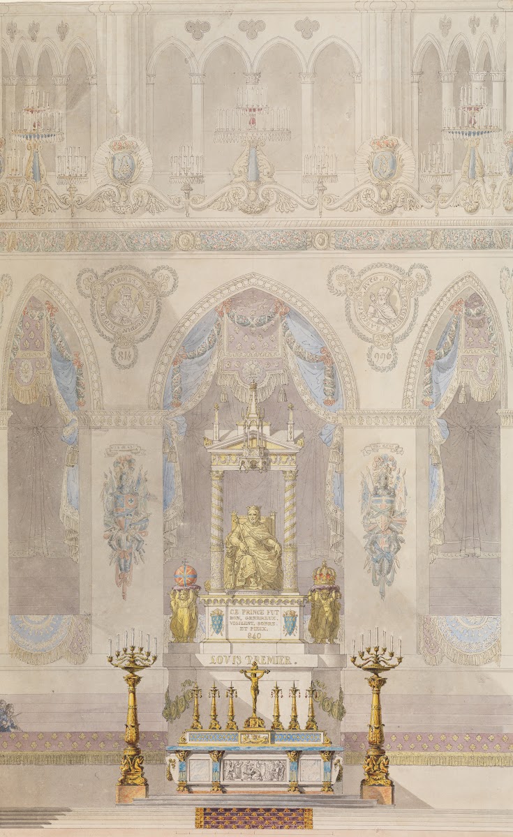 Interior Elevation of Reims Cathedral with a Statue of King Louis I and an Altar