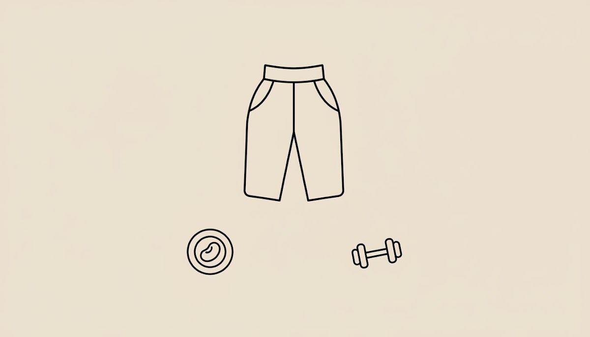 Minimal vector line illustration of high-waist pants outline with a plate holding a protein portion and a dumbbell on a beige background representing post menopause belly