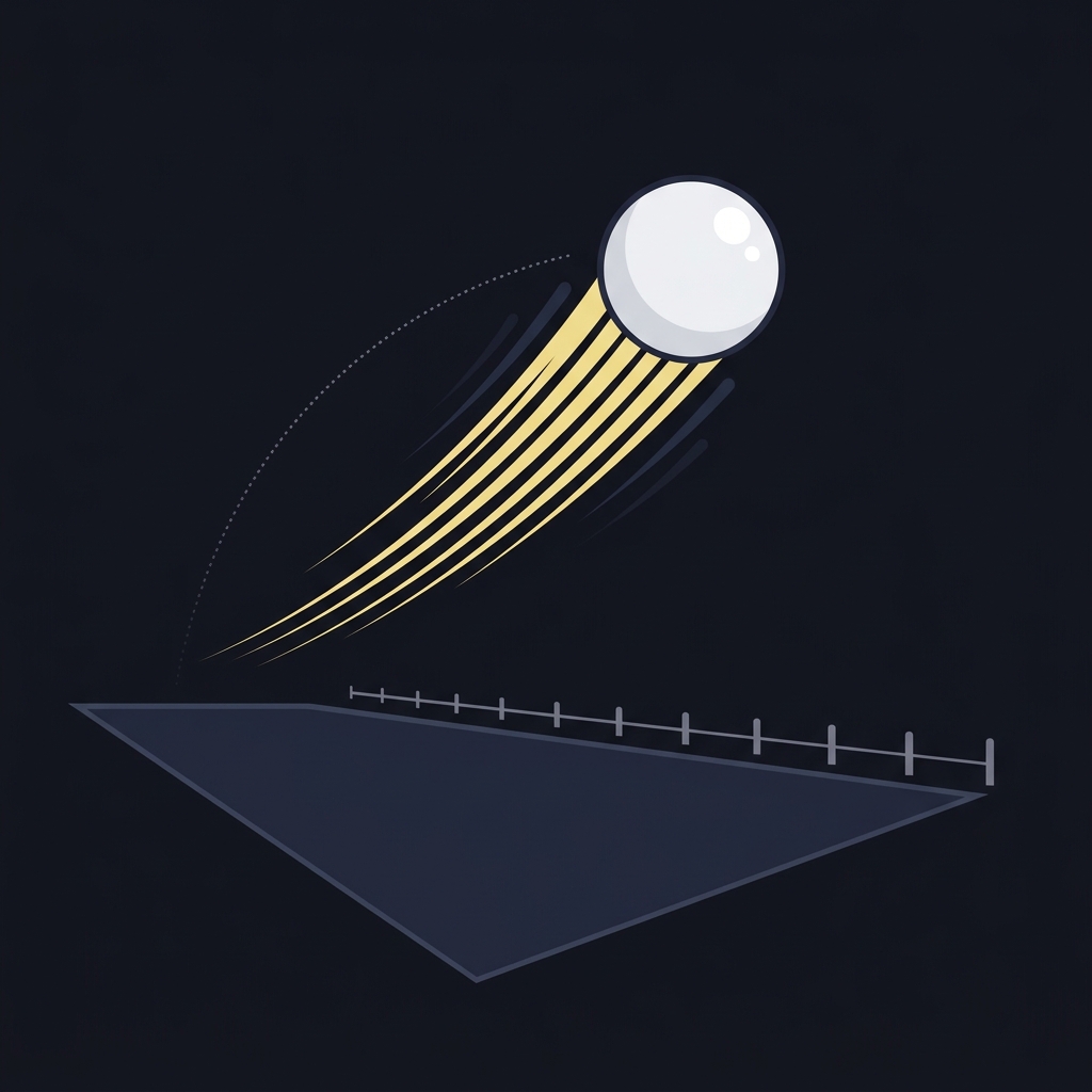 Minimalist vector golf shot mid flight with tailwind streaks and distant boundary line showing carry over risk illustrating How Wind Changes Scoring Conditions