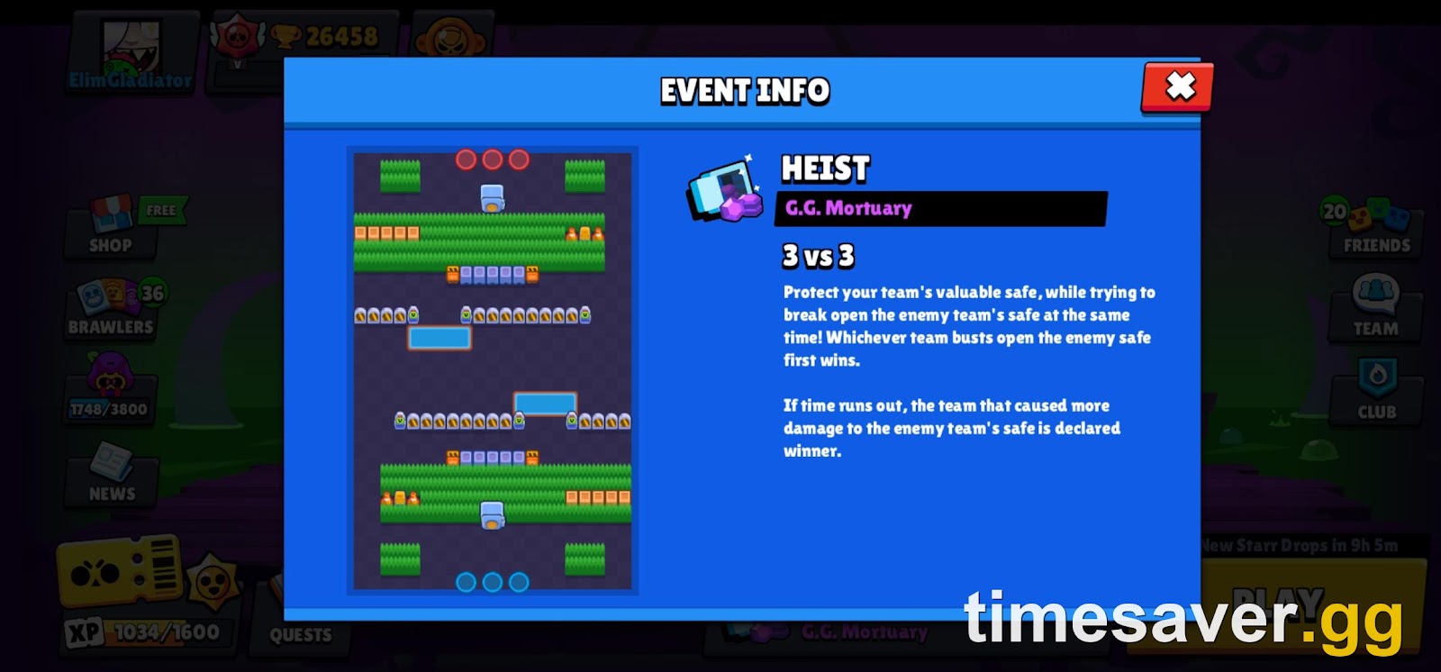 Brawl Stars Heist 3v3 match on a walled map with the enemy safe glowing at the end of a lane
