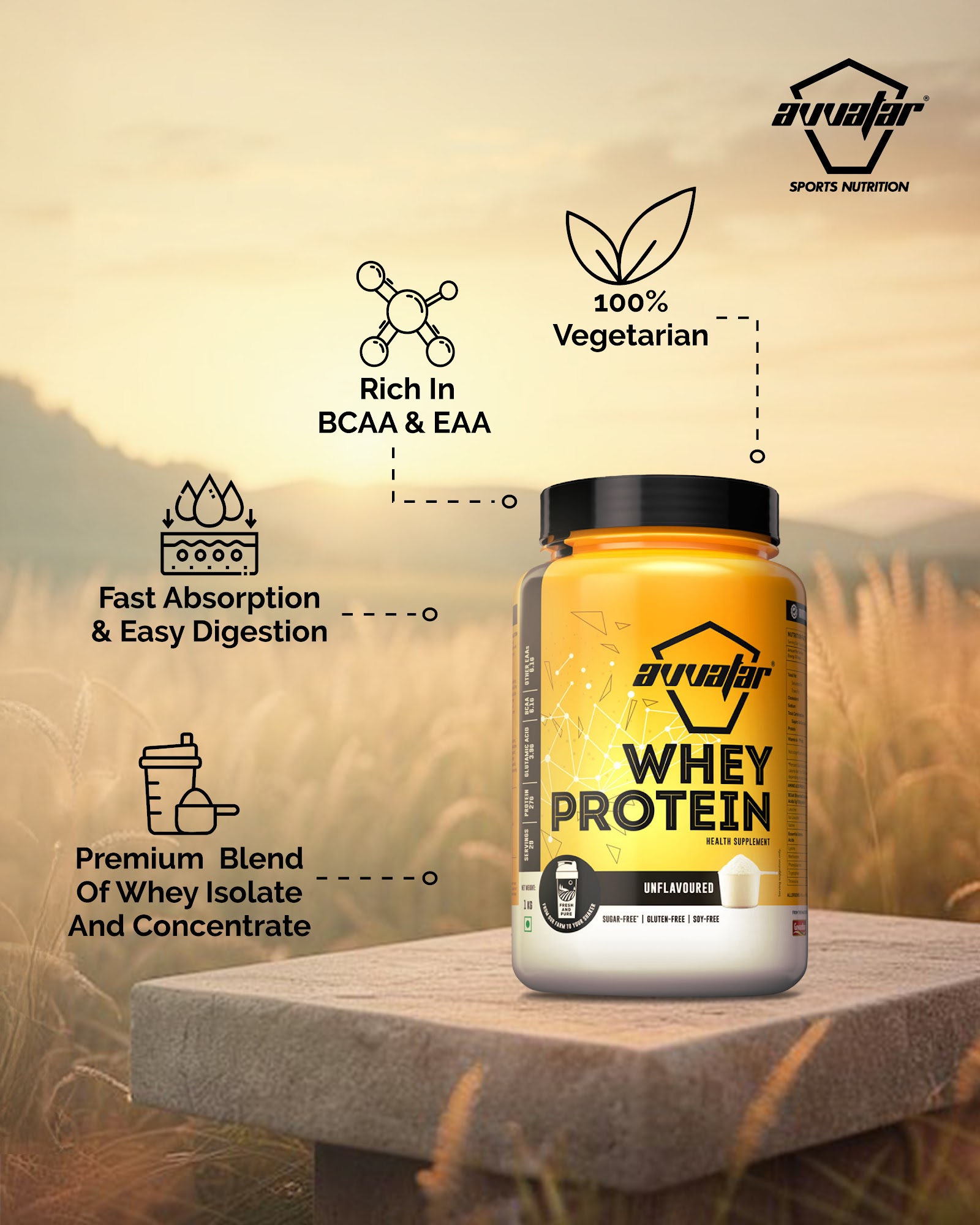 Avvatar Whey Protein Raw Unflavoured, 1 Kg