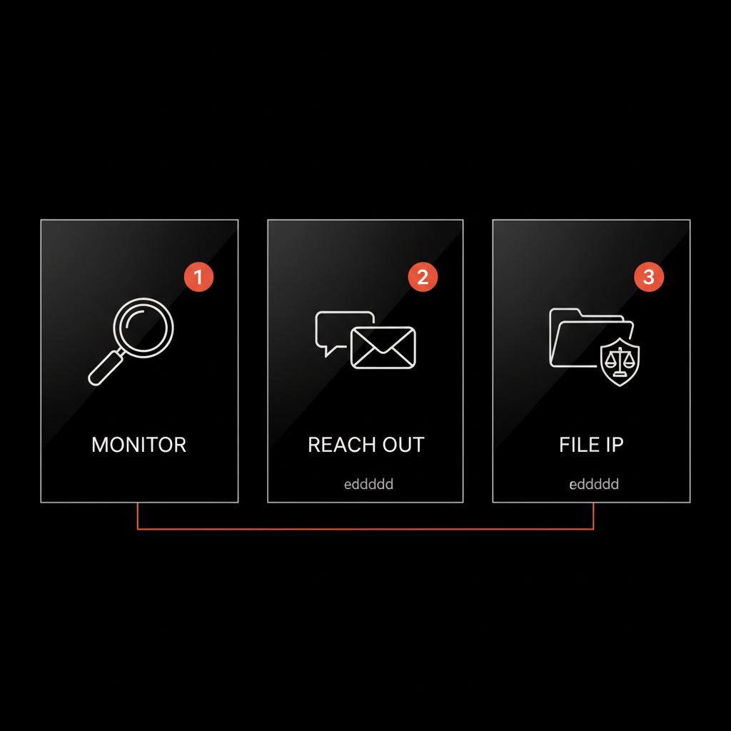 Minimal infographic with three panels labeled Monitor, Reach out, File IP on black background with light gray elements and orange accents — how to get a rare Instagram username