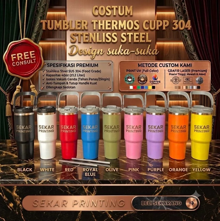COSTUM TUMBLER STAINLESS/THERMOS AIR MODEL SEDOTAN/BOTOL MINUM SOUVENIR — Sekar Printing