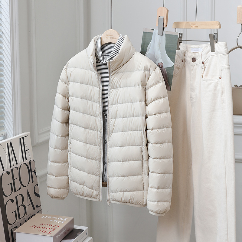 Light women's down jacket, stand-up collar, 90% duck down