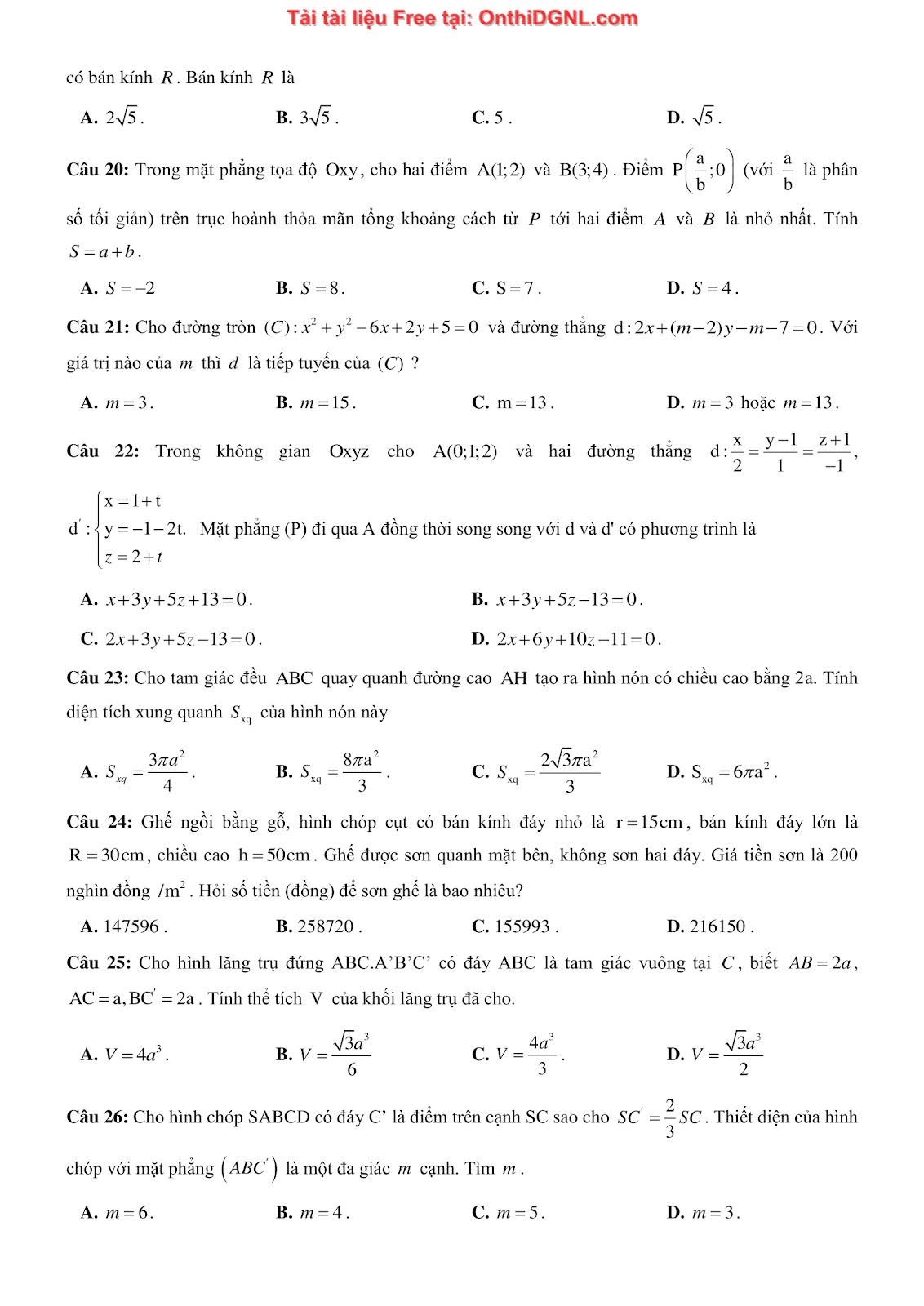 1300 bài tập môn Toán - Ôn thi ĐGNL ĐHQG Hà Nội Phần 20
