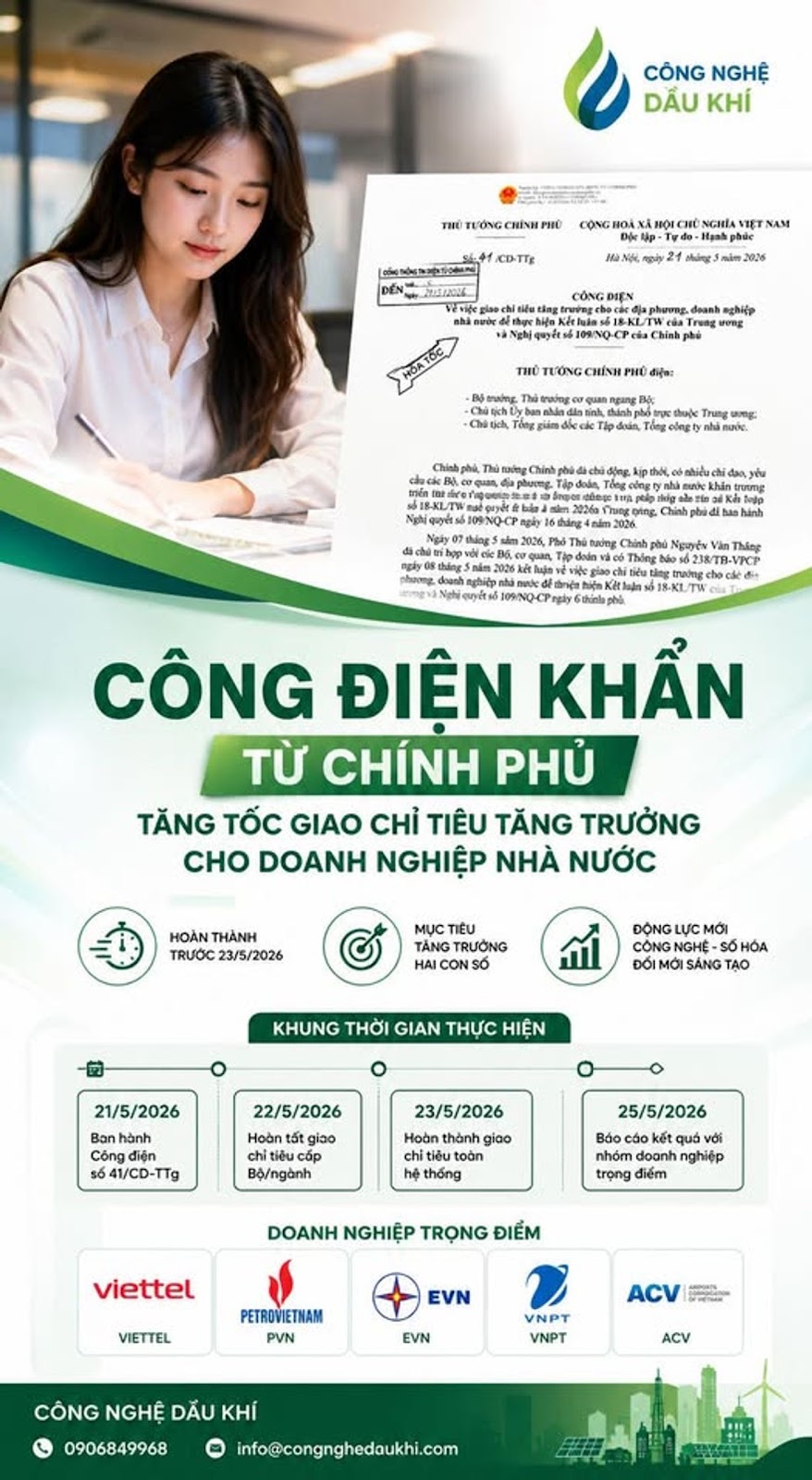 Có thể là hình ảnh về ‎văn bản cho biết '‎CÔNG NGHỆ DAU KHI THo TƯỚNGCHINHPHO CD-TTE ု)အး ĐIỀN CỘNGHOL иocHo 4- 2시g3 MIMMA CONGDIỆN phươne 후후 y6T nghiệp Petactahe Chnk อล مغر ไนัน CÔNG ĐIỆN KHẨN TỪ CHÍNH PHỦ TĂNG TỐC GIAO CHỈ TIÊU TĂNG TRƯỞNG CHO DOANH NGHIỆP NHÀ NƯỚC HOÀN THÀNH TRƯỚC 23/5/2026 TRƯỜNG HA ĐỘNGL MỚI KHUNG ĐỐI SÁNG TẠO THỰC HIỆN 21/5/2026 22/5/2026 Côngdiệ điển 8อ 41/CD-TTg giào 23/5/2026 chiti Bo/ngành Hoàn chitid giao thống 25/5/2026 vời nhỏm doanh nghiệp trọng điếm DOANH NGHIỆP TRỌNG ĐIỂM viettel VIETTEL PETROVIETNAM PVN EVN EVN ACV VNPT VNPT CÔNG NGHỆ DẦU KHÍ ACV 0906849968 intol@congnghedaukhi.com‎'‎