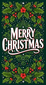 Vintage Merry Christmas Lettering with Holly and Berries