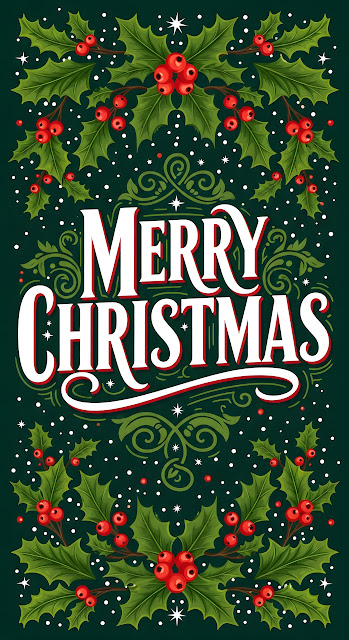Vintage Merry Christmas Lettering with Holly and Berries - Free mobile Wallpaper