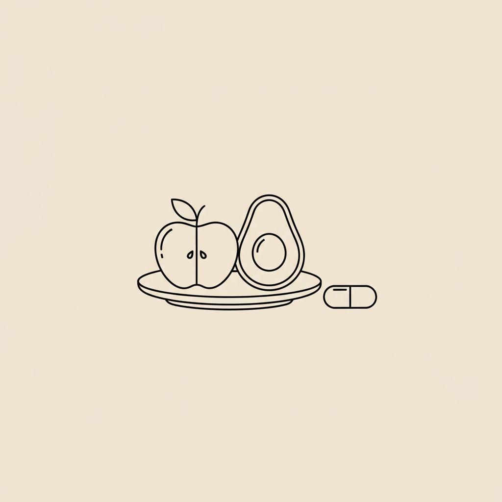 Minimalist Tonum-style line illustration of a plate with an apple slice, half avocado and a capsule on a beige background — fruits to avoid if insulin resistant