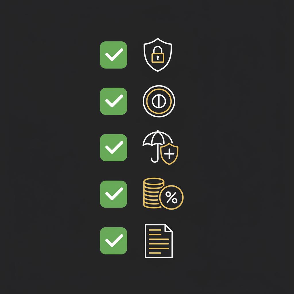 Minimalist 2D vector checklist icons representing custodian status token eligibility insurance fees and records for ira crypto guidance on dark background