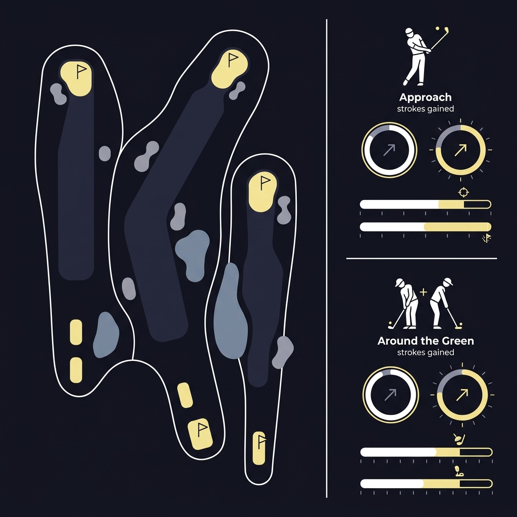 Minimalist 2D vector infographic of final three hole course map with icon based gauges highlighting Approach and Around the Green strokes gained categories for american express odds