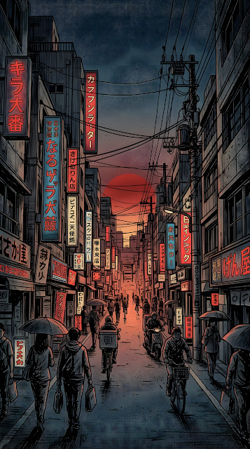Stylized Monochrome Illustration of a Japanese Street with a Red Sun - Free mobile Wallpaper