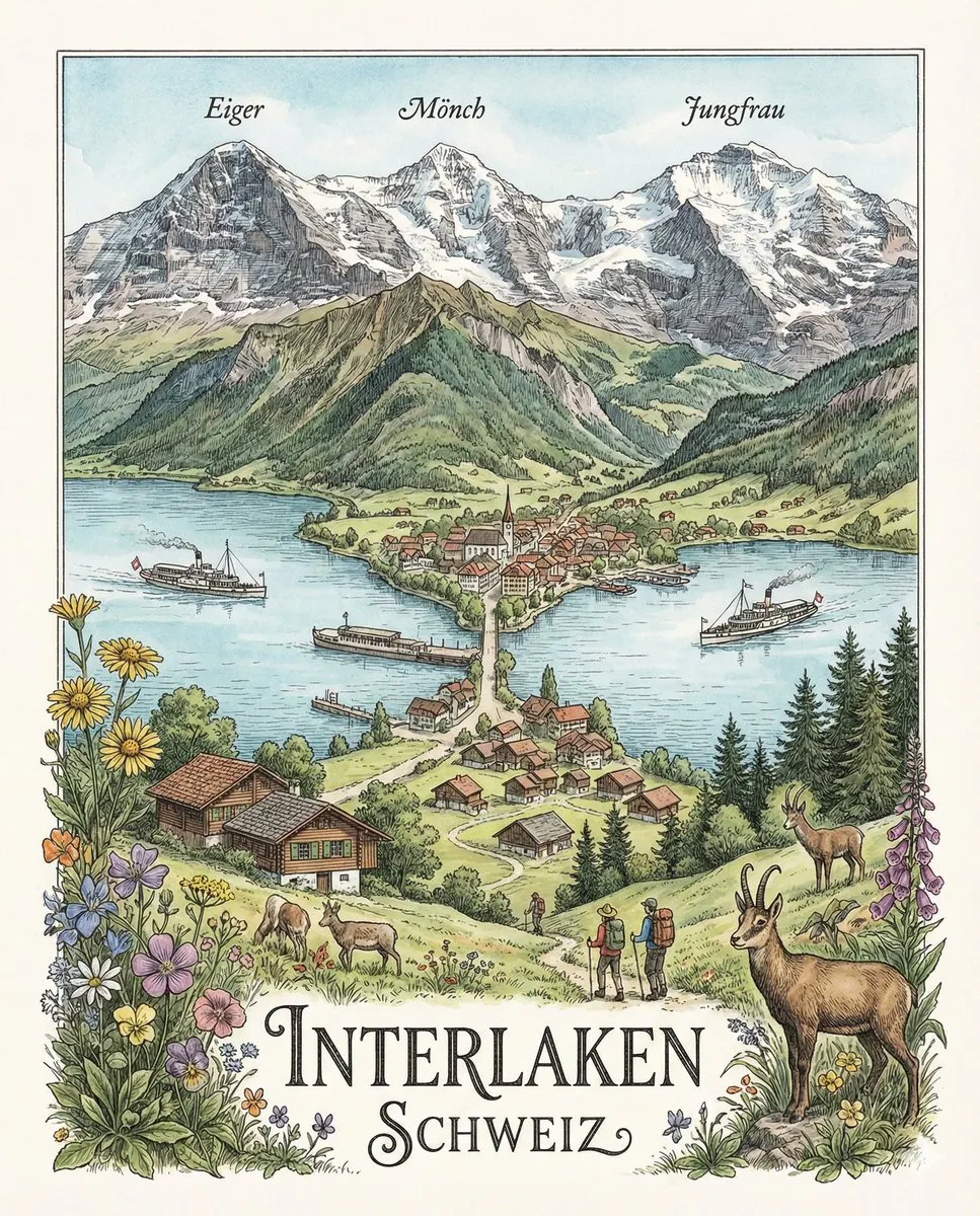 Ilustración de precisión del paisaje del lago Interlaken