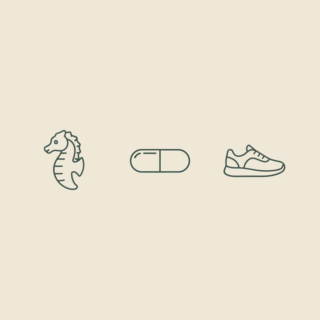 Which big 5 trait is associated with Alzheimer's disease? Minimal Tonum-style line icons: hippocampus, supplement capsule, and walking shoe on beige #F2E5D5 background.