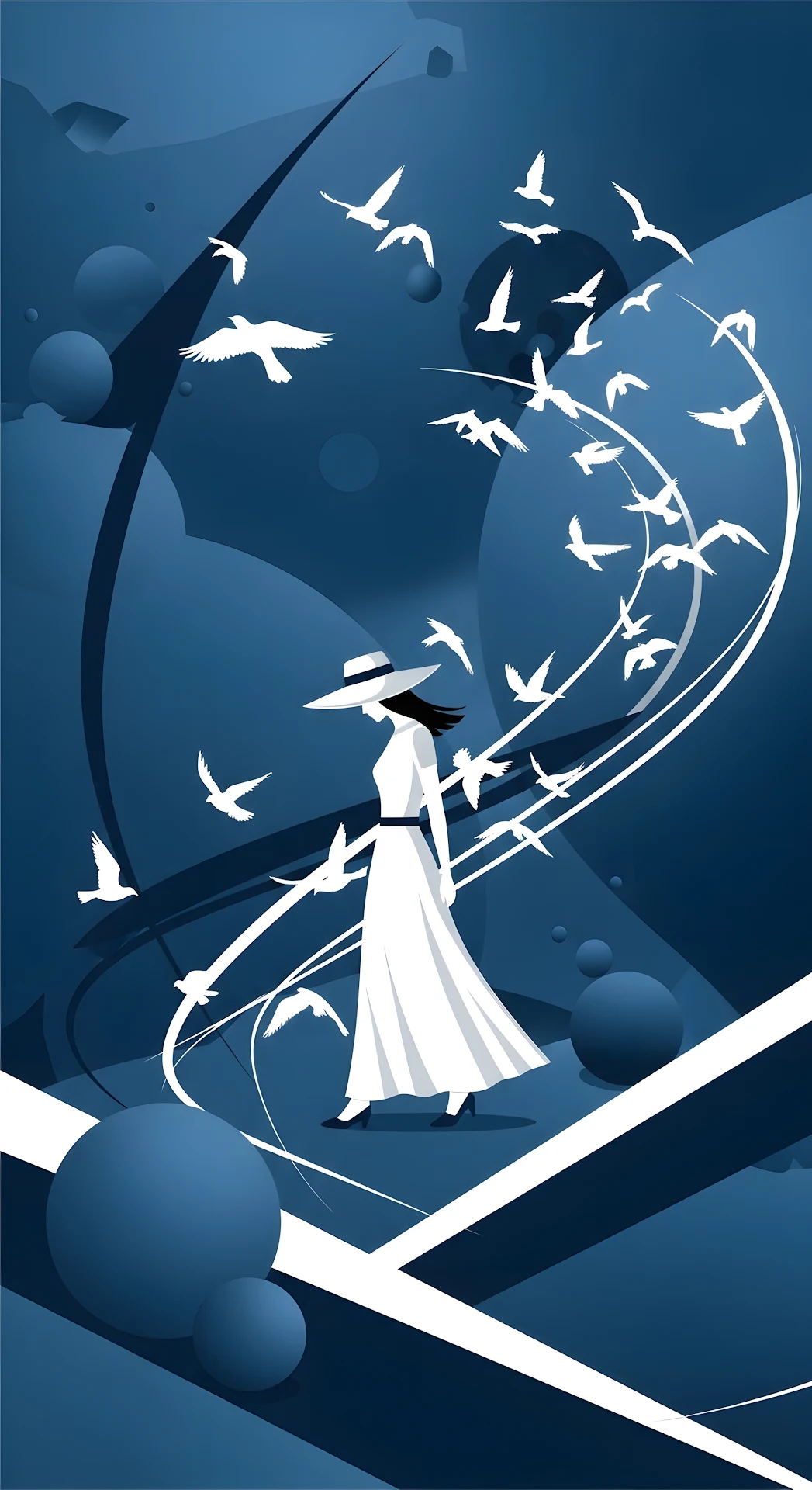 Blue Art Deco Illustration of Woman Walking with Flying Birds - Free 4K mobile Wallpaper