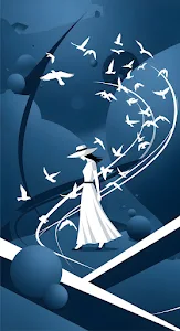 Blue Art Deco Illustration of Woman Walking with Flying Birds