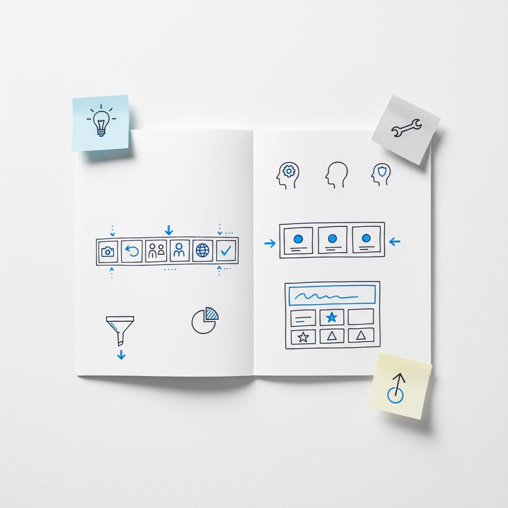 Minimal flat-lay notebook sketches with sticky notes showing a short-form video storyboard, carousel grid and collection storefront mock for Facebook ads, clean Agency Visible aesthetic